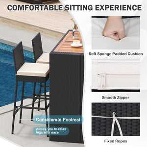 5-Piece Outdoor Wicker Bar Set with Acacia Wood Table & Cushioned Stools