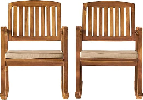 Acacia Wood Outdoor Rocking Chair Set of 2 with Water-Resistant Cushions