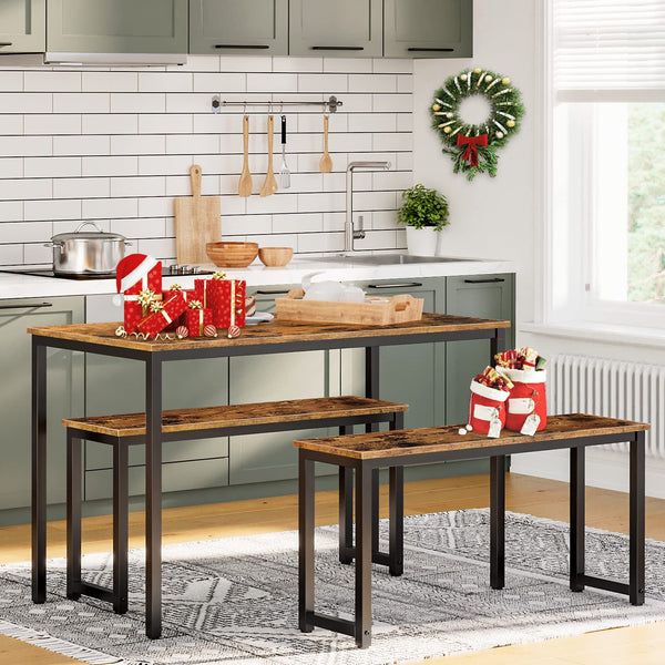 Industrial Dining Bench Set of 2 – Rustic Brown & Black Metal Frame