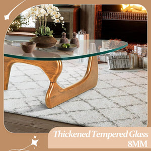 Triangle Glass Coffee Table with Wood Legs