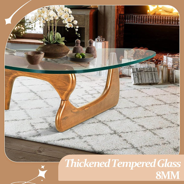 Triangle Glass Coffee Table with Wood Legs