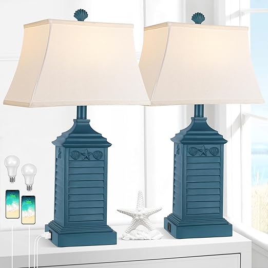 Coastal Table Lamps Set of 2 with USB Charging & 3-Color Temperature