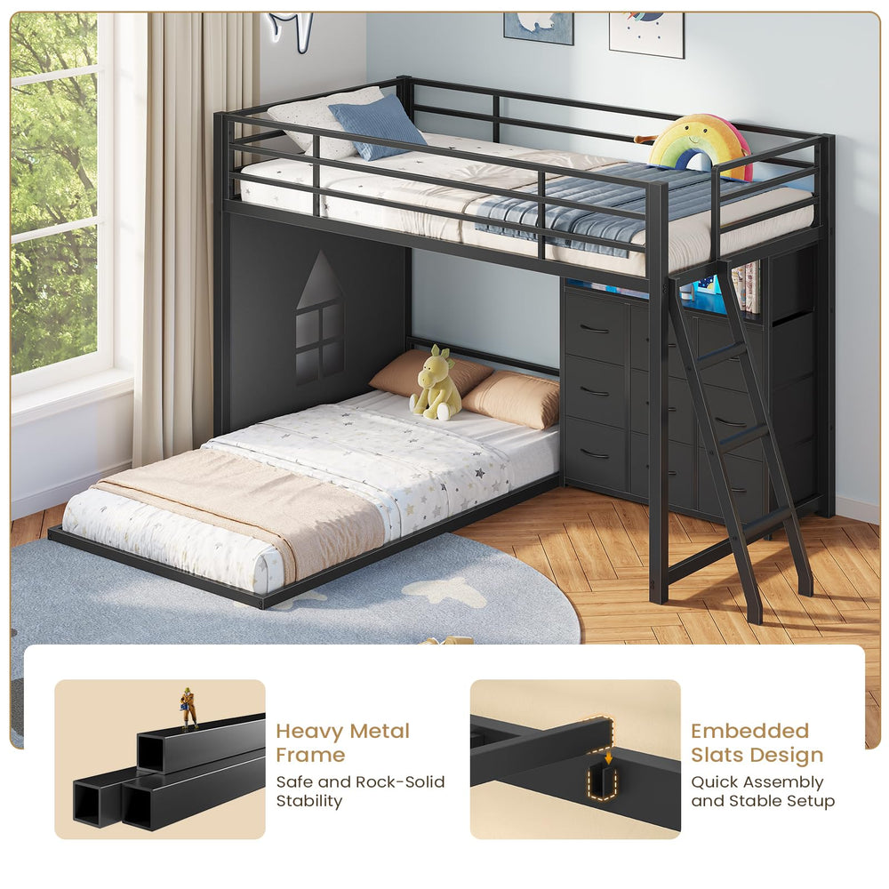 Twin Over Twin L-Shaped Low Bunk Bed with Storage & LED Lights