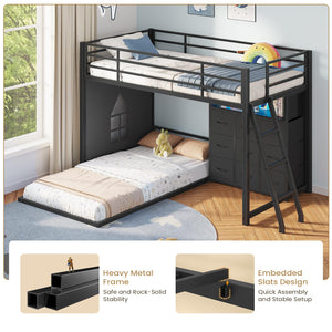 Twin Over Twin L-Shaped Low Bunk Bed with Storage & LED Lights