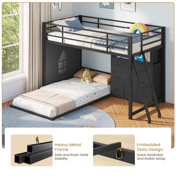 Twin Over Twin L-Shaped Low Bunk Bed with Storage & LED Lights
