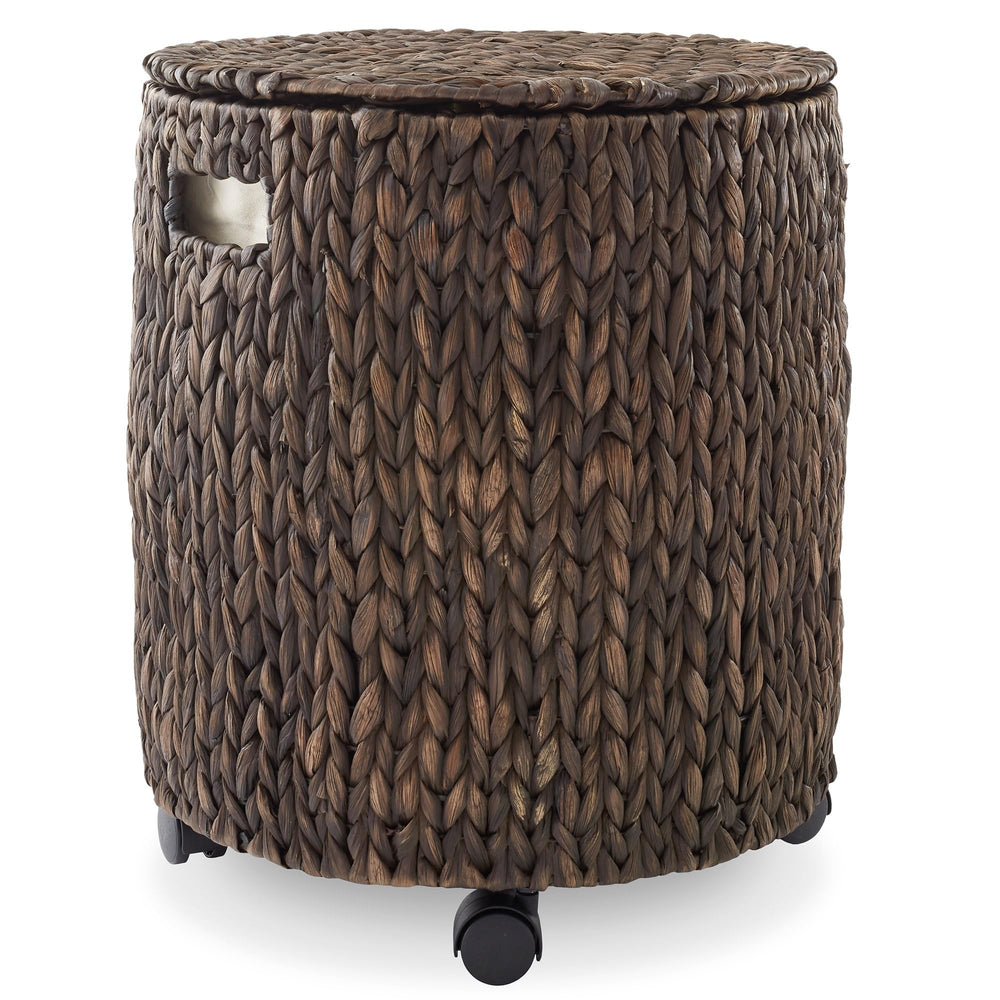 Casafield Round Rolling Storage Basket with Lid - Espresso, Handwoven Water Hyacinth Rolling Hamper Storage Bin on Wheels for Living Room, Bedroom, Bathroom, Laundry