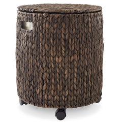 Casafield Round Rolling Storage Basket with Lid - Espresso, Handwoven Water Hyacinth Rolling Hamper Storage Bin on Wheels for Living Room, Bedroom, Bathroom, Laundry