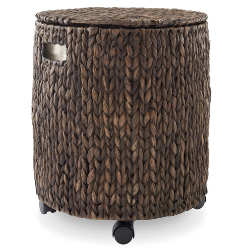 Casafield Round Rolling Storage Basket with Lid - Espresso, Handwoven Water Hyacinth Rolling Hamper Storage Bin on Wheels for Living Room, Bedroom, Bathroom, Laundry