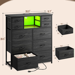 10-Drawer Dresser with LED Lights & Power Outlets – Fabric Chest of Drawers