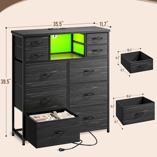 10-Drawer Dresser with LED Lights & Power Outlets – Fabric Chest of Drawers