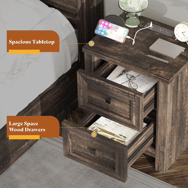 Nightstand Set of 2 with Charging Station & Drawers
