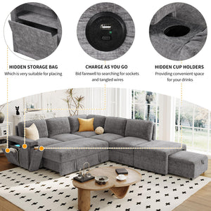 L-Shaped Modular Sectional Sofa with Storage Ottoman, USB Ports & Cup Holder