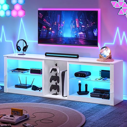 63-Inch High Gloss TV Stand with LED Lights & Glass Shelves