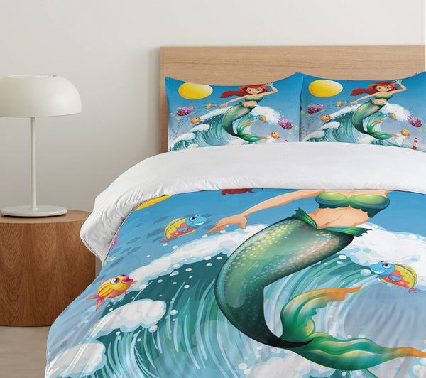 Queen Mermaid Duvet Cover Set – 3-Piece Microfiber Bedding, Yellow Blue Green