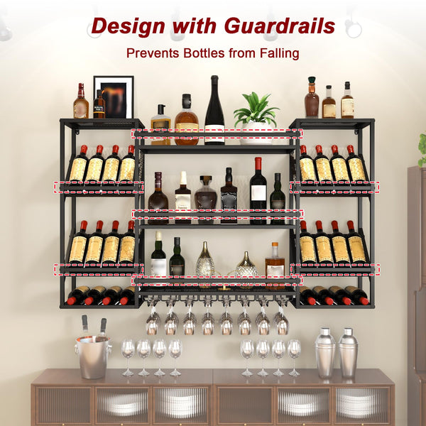 Wall Mounted Wine Rack with Glass Holder & Floating Bar Shelves