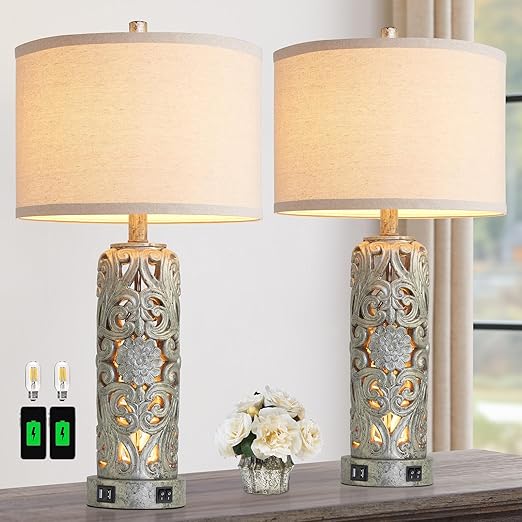 Coastal Vintage Table Lamp Set of 2 with USB Ports & Nightlight