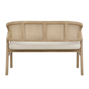 Upholstered Loveseat Sofa with Cane Backrest & Rubberwood Frame
