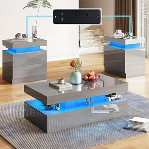 3-Piece LED Coffee Table Set with End Tables & Charging Station