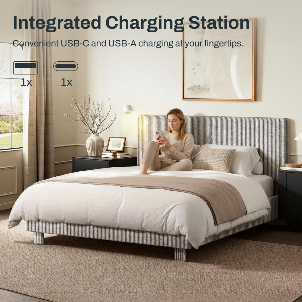 Queen Bed Frame with Adjustable Headboard & LED Light – Light Grey