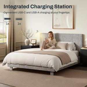 Queen Bed Frame with Adjustable Headboard & LED Light – Light Grey