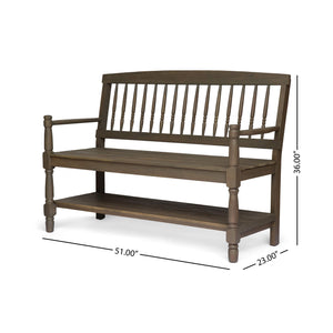 Farmhouse Acacia Wood Bench with Shelf – Gray
