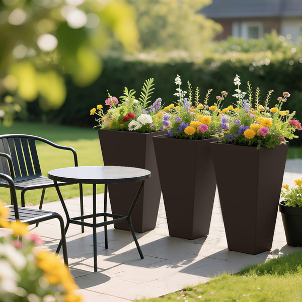 Tall Outdoor Planters Set of 3 with Drainage Holes – 28 Inch Taper Plant Pots