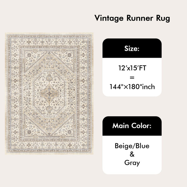 12x15 Washable Oriental Area Rug – Low Pile, Non-Slip, Stain Resistant