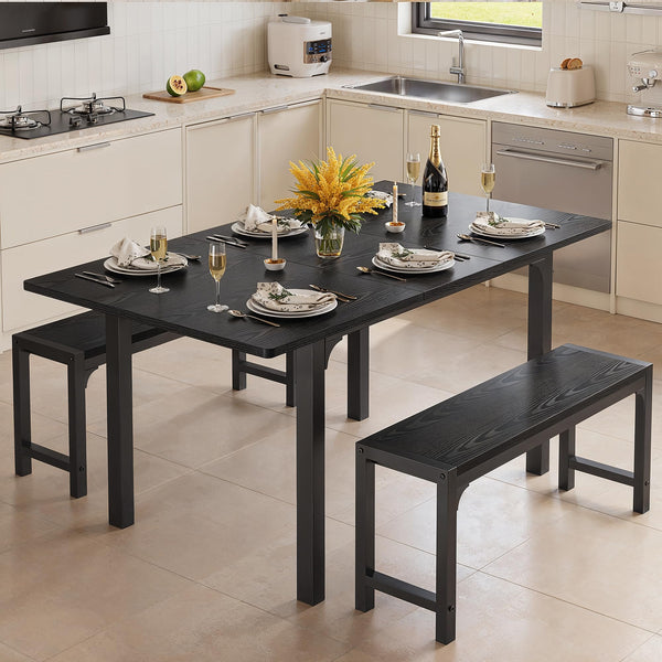 Extendable Dining Table Set with Bench for 4–6 | Smart-Flip Leaf | Metal Frame | Black