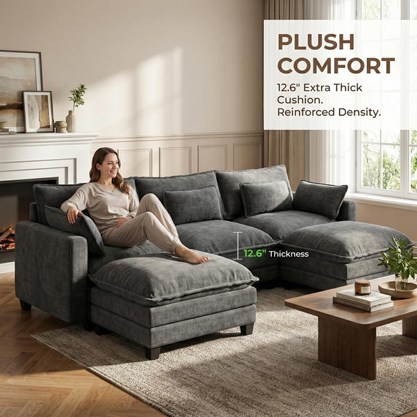 U-Shaped Modular Sectional Sofa with Ottomans & Throw Pillows