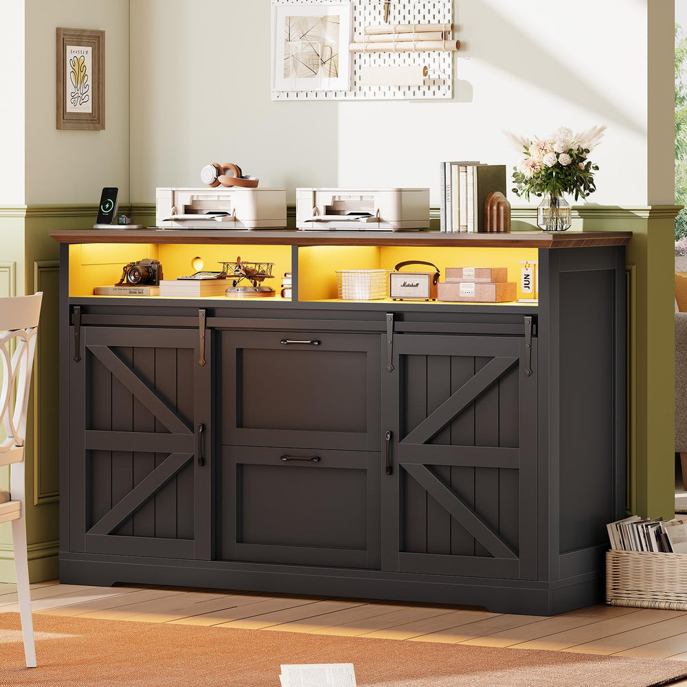 47.2" File Cabinet with 2 Drawers, Barn Door & LED Lights
