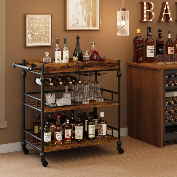 3-Tier Rolling Bar Cart with Removable Tray & Wine Rack