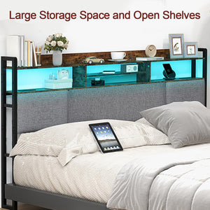 King Upholstered Headboard with LED Lights & Charging Station