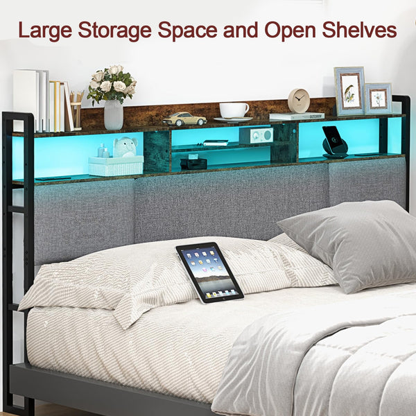 King Upholstered Headboard with LED Lights & Charging Station