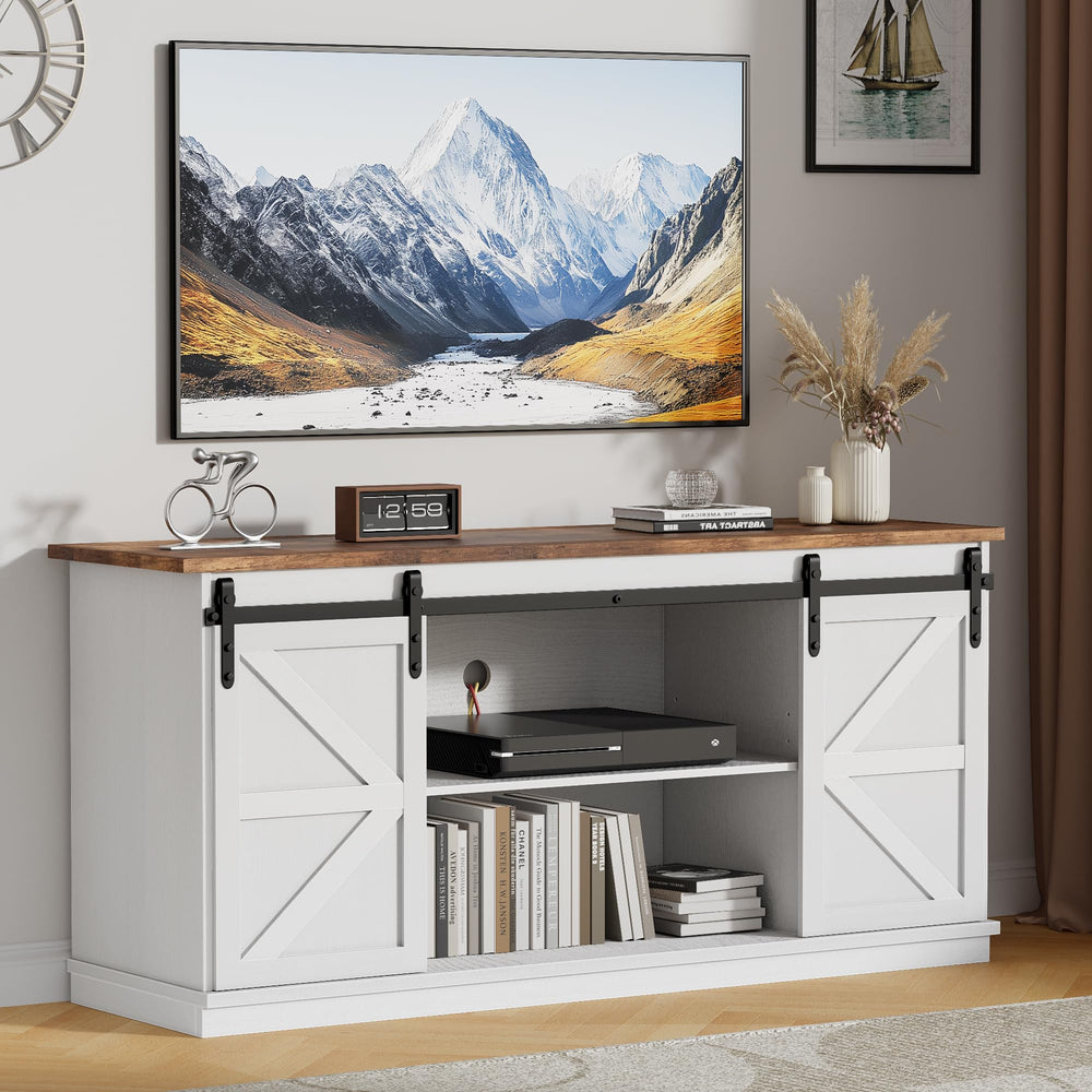 58" Farmhouse TV Stand with Barn Doors & 4 Drawers