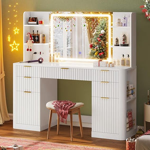 Fluted Makeup Vanity Desk with Mirror & Lights