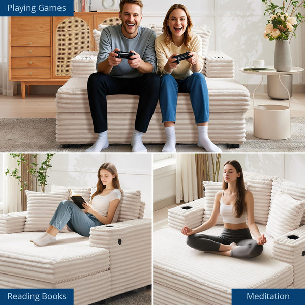 Oversized Chaise Lounge Chair with Sofa Bed & Charging Ports