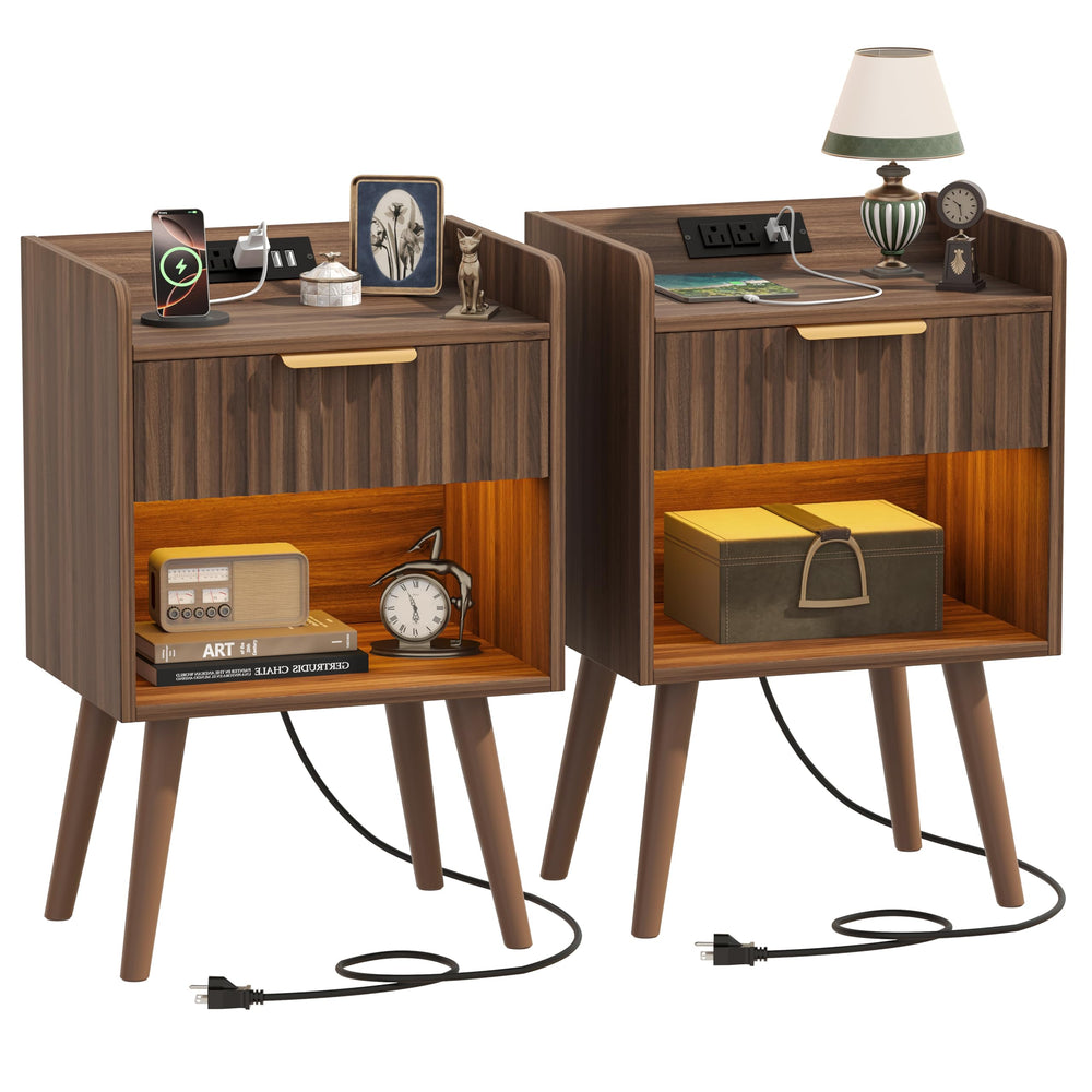Nightstand Set of 2 with Charging Station, Drawer & RGB LED – Walnut