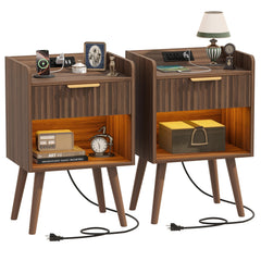 Nightstand Set of 2 with Charging Station, Drawer & RGB LED – Walnut