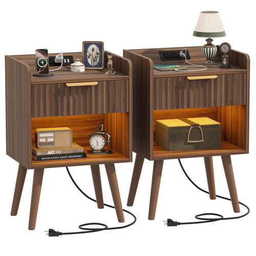 Nightstand Set of 2 with Charging Station, Drawer & RGB LED – Walnut