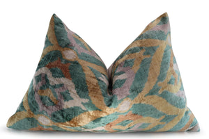 Velvet Ikat Throw Pillow 16x24 – Gold Green Orange