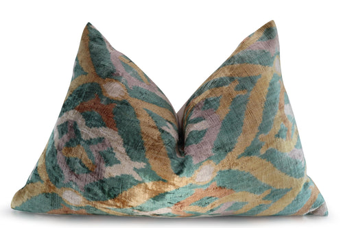 Velvet Ikat Throw Pillow 16x24 – Gold Green Orange