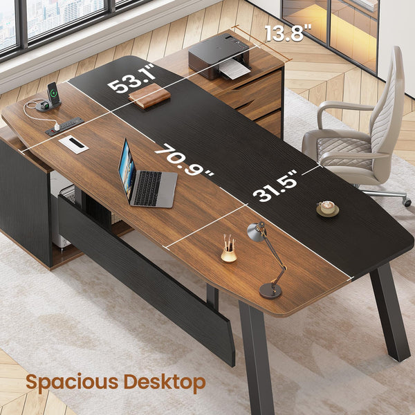 L-Shaped Executive Desk with File Cabinet & Power Outlets