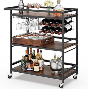 3-Tier Rolling Bar Cart with Wine Rack & Glass Holder