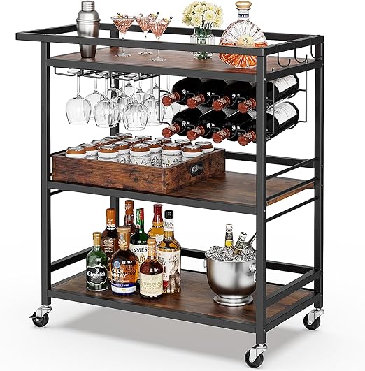 3-Tier Rolling Bar Cart with Wine Rack & Glass Holder