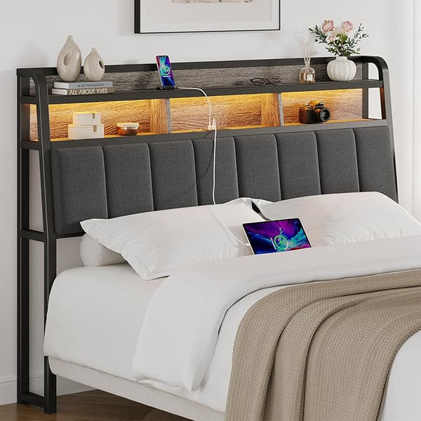 Upholstered Headboard with LED Light, Storage & Charging Station