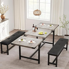 Extendable Dining Table Set with 2 Upholstered Benches – Seats 4 to 8