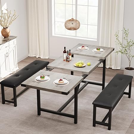 Extendable Dining Table Set with 2 Upholstered Benches – Seats 4 to 8