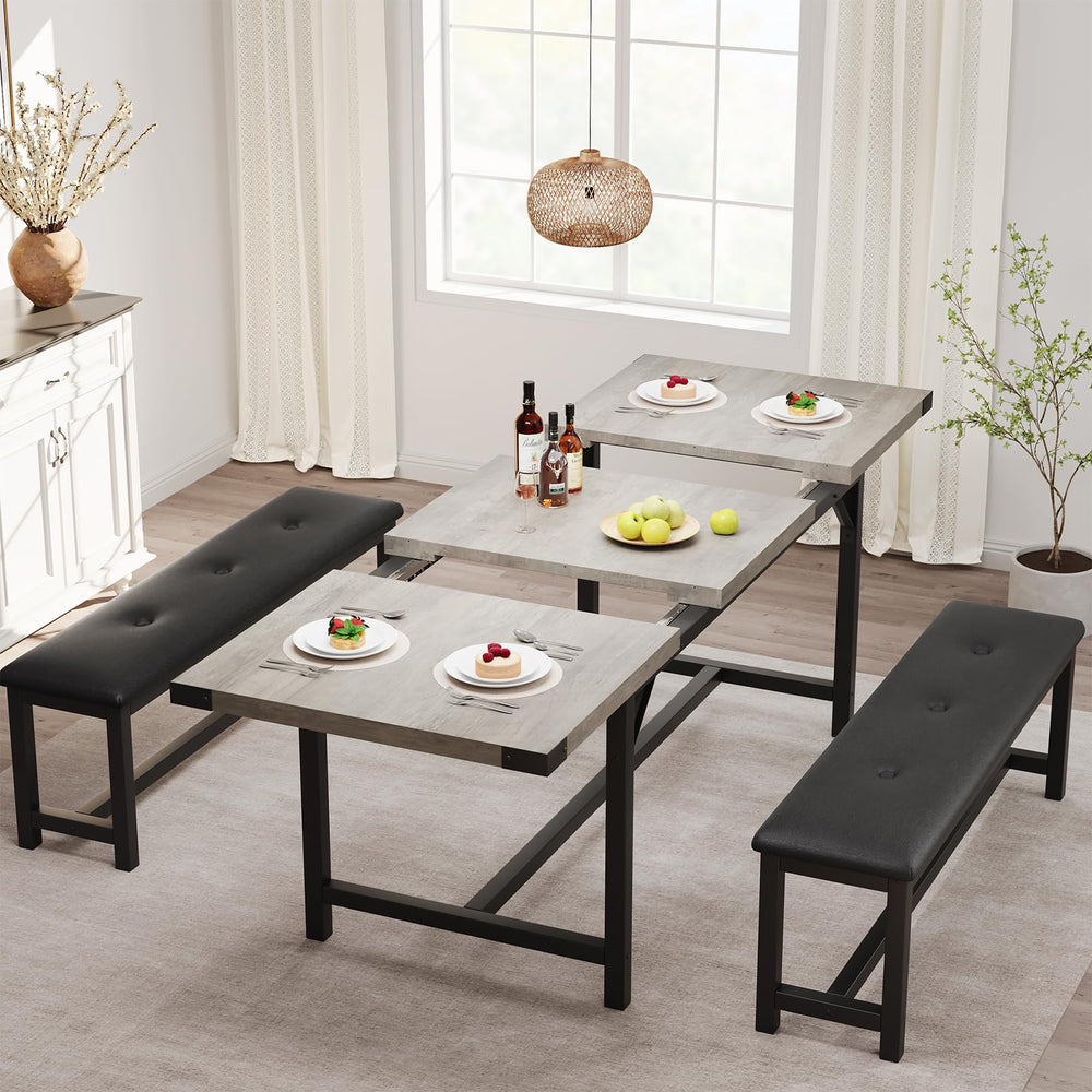 Extendable Dining Table Set with 2 Upholstered Benches – Seats 4 to 8
