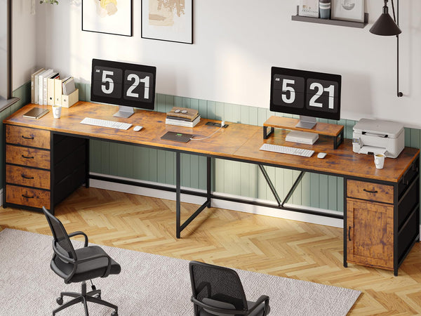 L-Shaped Computer Desk with Drawers, Monitor Shelf & Power Outlet