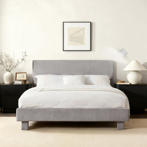 Queen Bed Frame with Adjustable Headboard & LED Light – Light Grey